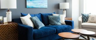 Decorating a wall in the living room above a blue sofa