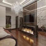 Living room design with fireplace. Photo 2022 