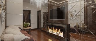 Living room design with fireplace. Photo 2022 