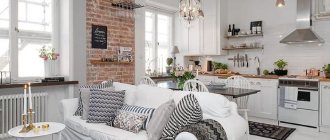 Design of a kitchen living room with an area of ​​16 square meters in white