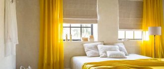 The interior seems warmer when yellow curtains are hanging