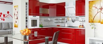 Red glossy kitchen set.