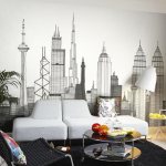 Painted high-rise buildings on a white living room wall