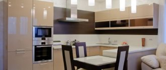 Corner kitchen with glossy cappuccino colored facades