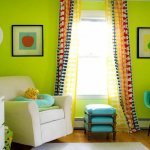 Bright interior with green wallpaper and colorful curtains